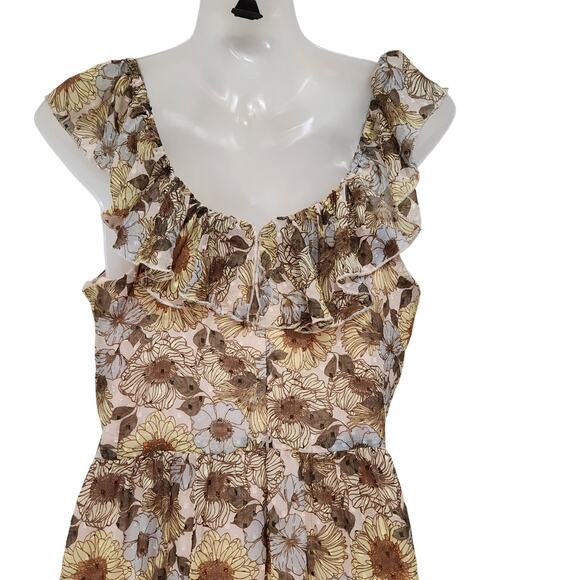 Beyond Words Mini Dress Flutter Shoulder Ruffle Tiered Floral Brown Size Medium - Picture 8 of 11